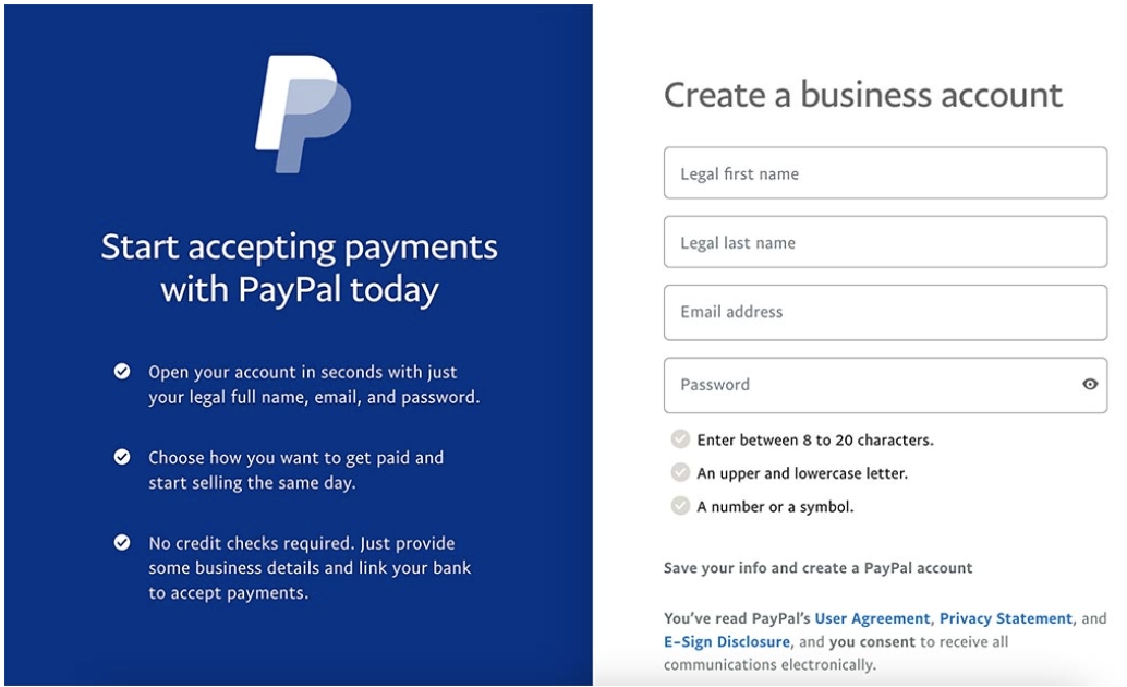 Sign up PayPal account